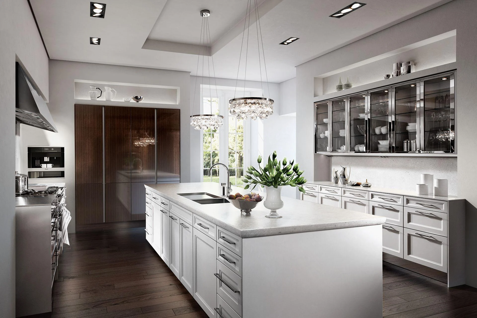 Grey Shaker kitchen with detailed island and tall cabinets