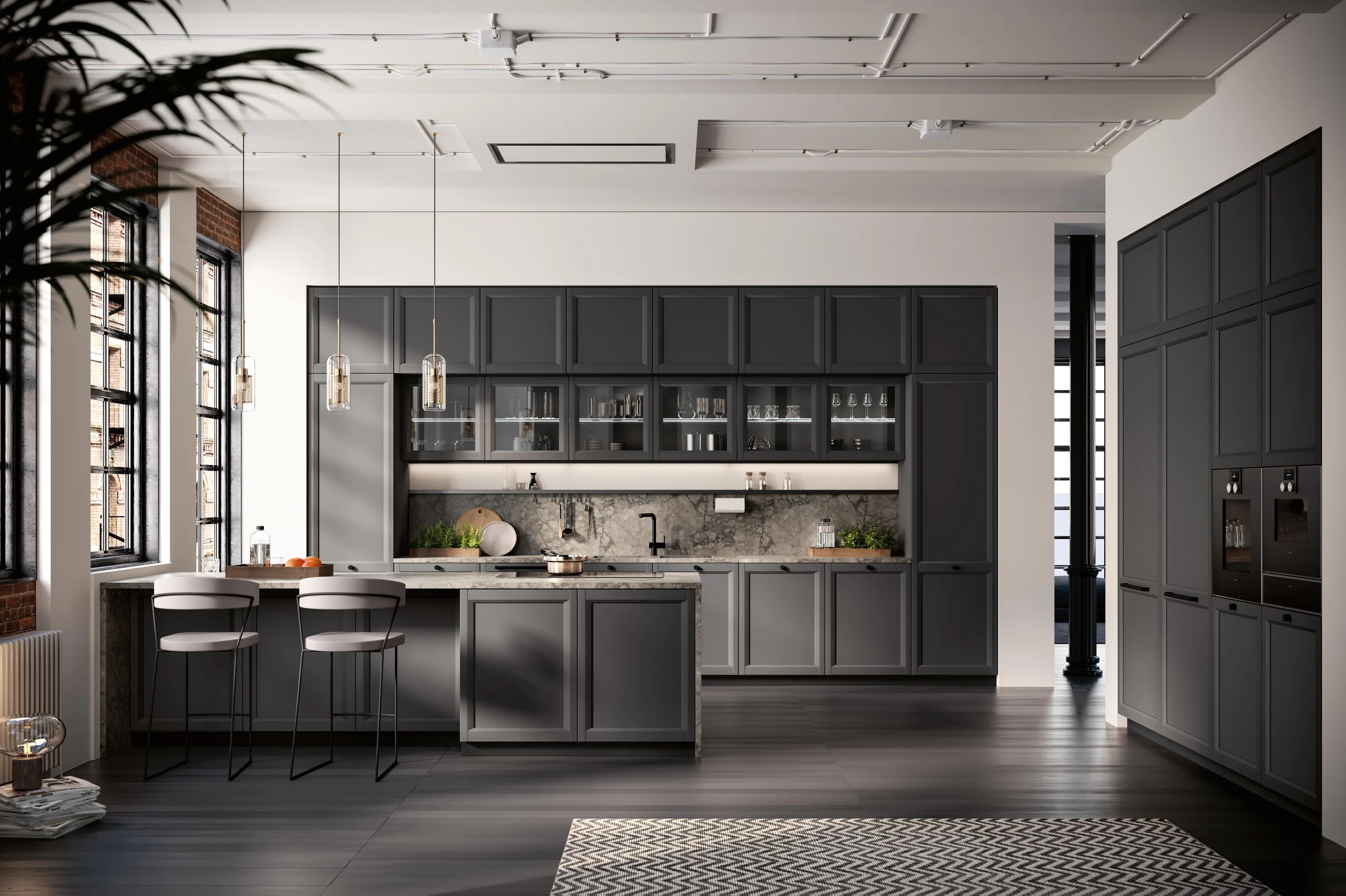 Charcoal Shaker kitchen with island and glass display cabinets