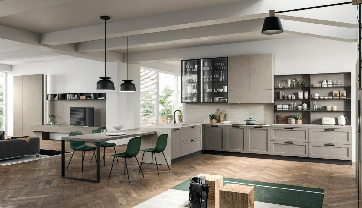 Wide Shaker kitchen showing island, tall storage and glazed wall cabinets