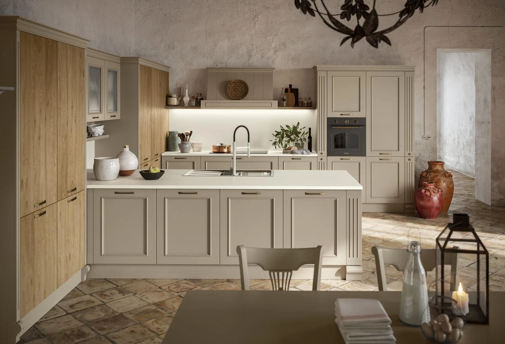 Warm neutral Shaker kitchen with tall pantry units