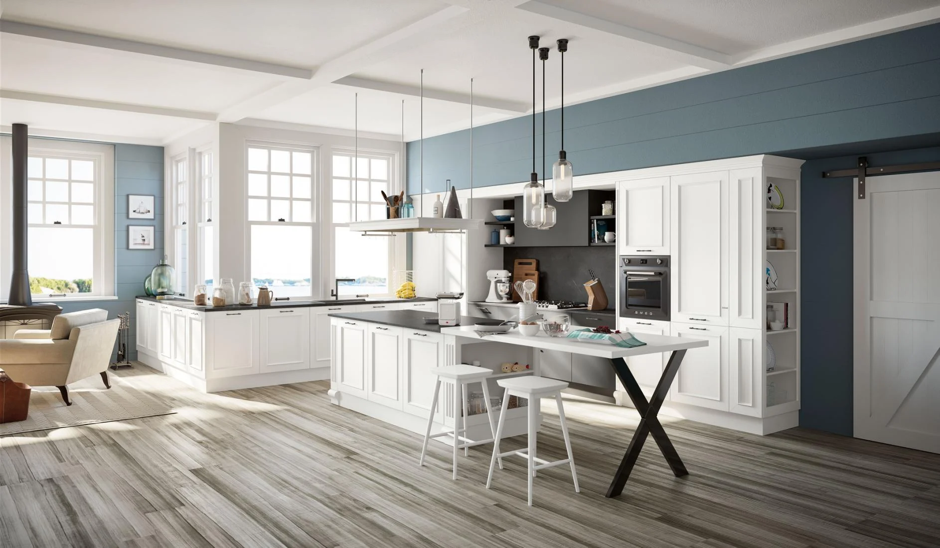 White transitional Shaker kitchen in open-plan living area