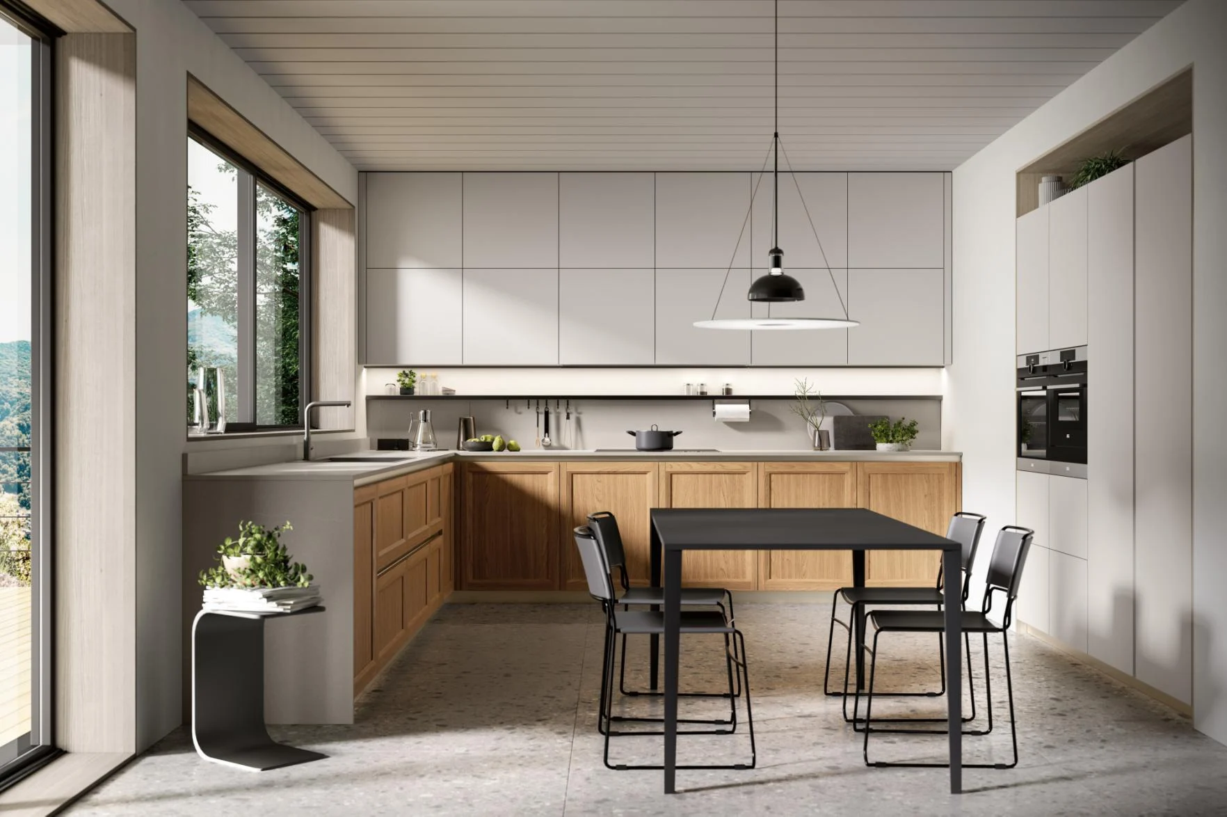 White Shaker kitchen with wood island cabinetry
